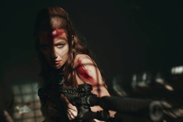 soldier woman in army soldier woman shooting with gun, serious look, war concept. female sharp shooter stock pictures, royalty-free photos & images