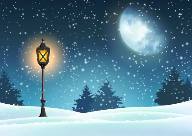 Vector illustration of Winter Christmas motive, vintage lantern in snowy nature