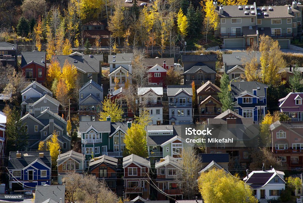 Park City Village A flat perspective of Park City townhouses at the end of autumn, with many yellow aspens.  Shot in Utah in the late afternoon Park City - Utah Stock Photo