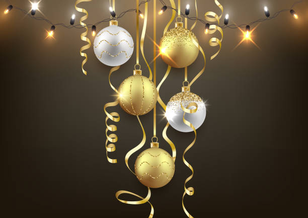 istock Christmas and New Year background design, decorative balls with shiny lights and confetti, vector illustration 1044671930