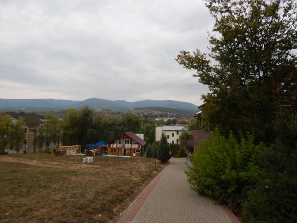 Mountain panorama, landscape and buildings