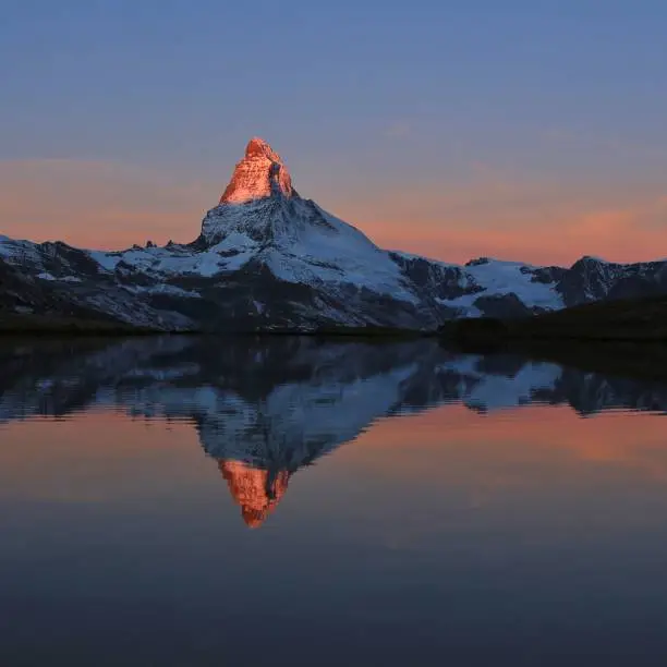 Matterhorn reflecting in Lake Stelli, Zermatt. Switzerland.
