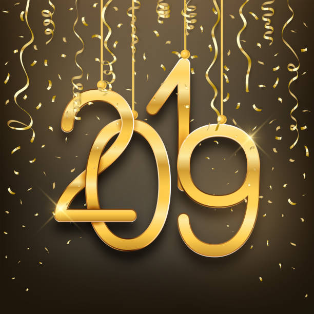istock Happy New Year 2019 postcard realistic golden numbers and confetti, vector illustration 1044672306