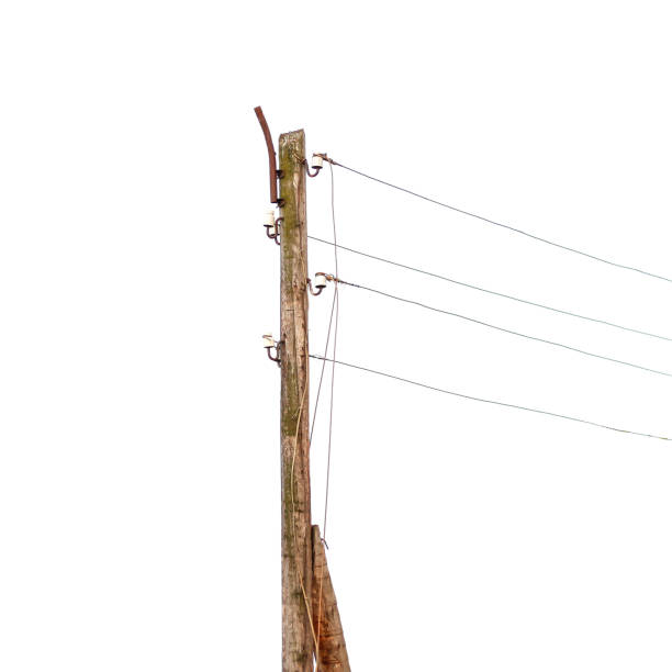 istock Wooden pole with electrical wires. Isolated on white background 1044675468