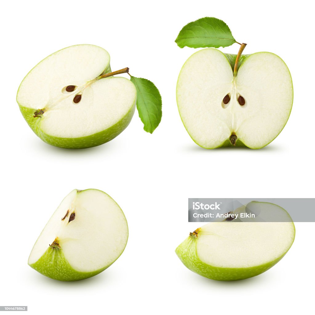 Green juicy apple slice isolated on white background, clipping path, full depth of field Apple - Fruit Stock Photo