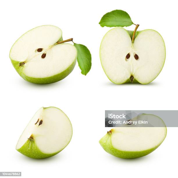 Green Juicy Apple Slice Isolated On White Background Clipping Path Full Depth Of Field Stock Photo - Download Image Now