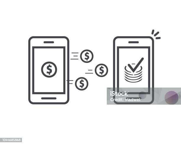 Money Transfer Via Mobile Phones Vector Icon Line Outline Art Smartphones With Cash Wallets Coins Transferring Money Wireless Cellphones Transaction Received Clipart Stock Illustration - Download Image Now