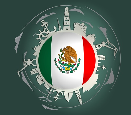 Circle with sea shipping and travel relative silhouettes. Objects located around the circle. Industrial design background. Mexico flag in the center.