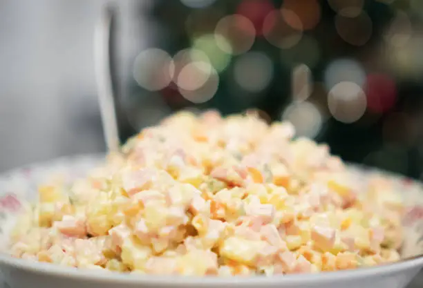 Traditional russian Olivier salad on New Year's Eve.