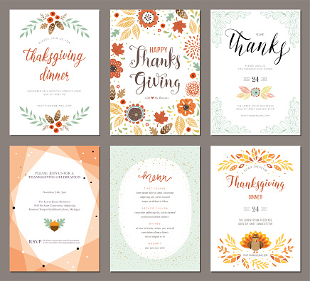 Thanksgiving greeting cards and invitations. Vector illustration.