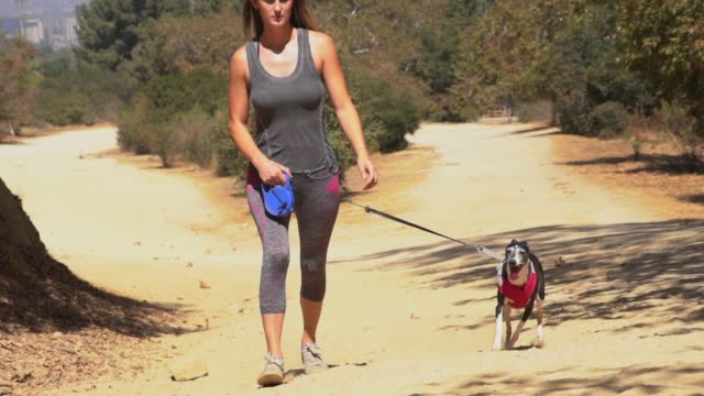 slow motion front view of female hiker walking her italian greyhound dog