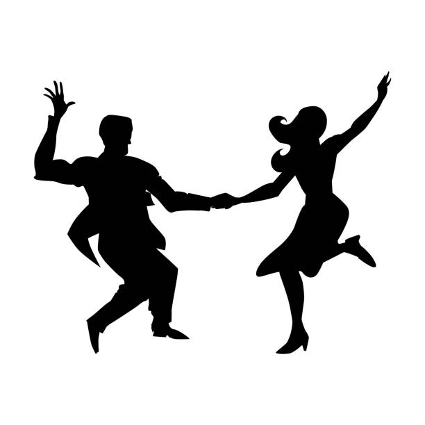 silhouette von mann und frau tanzt ein swing, lindy hop, gesellschaftstänze. die schwarz / weiß bild isoliert auf einem weißen hintergrund. vektor-illustration. - 1940s style women 1950s style retro revival stock-grafiken, -clipart, -cartoons und -symbole