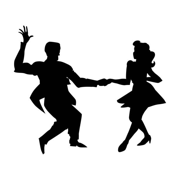 silhouette von mann und frau tanzt ein swing, lindy hop, gesellschaftstänze. die schwarz / weiß bild isoliert auf einem weißen hintergrund. vektor-illustration. - 1940s style women 1950s style retro revival stock-grafiken, -clipart, -cartoons und -symbole