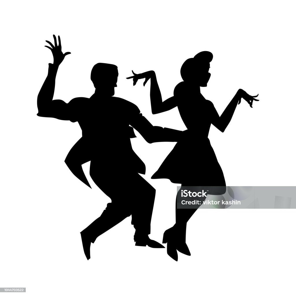 Silhouette of man and woman dancing a swing, lindy hop, social dances. The black and white image isolated on a white background. Vector illustration. Dancing stock vector