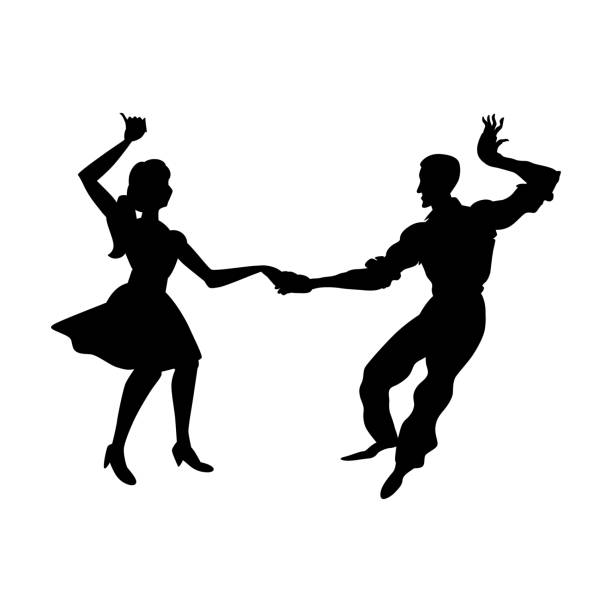 sylwetka mężczyzny i kobiety tańczących na huśtawce, lindy hop, tańce towarzyskie. czarno-biały obraz izolowany na białym tle. ilustracja wektorowa. - 1940s style women 1950s style retro revival stock illustrations