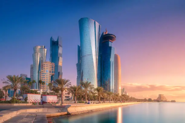 The skyline of West Bay and Doha City Center during sunrise, Qatar. Clipping path of sky