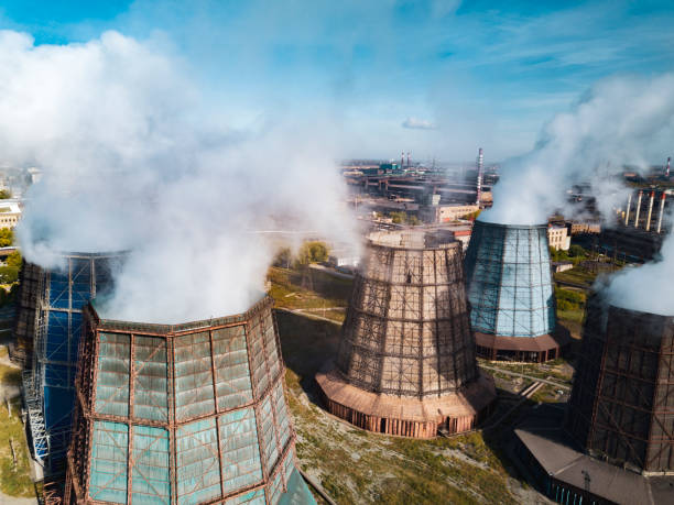 Aerial drone view of smokestack pipe plant, Chelyabinsk, Russia stock photo