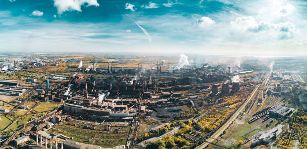 Aerial drone view of smokestack pipe plant, Chelyabinsk, Russia stock photo