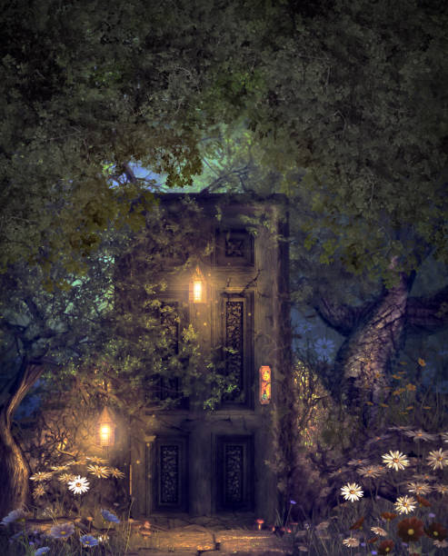 istock Magic fantasy world wood with a hidden door 1044707452