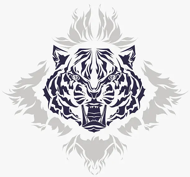 Vector illustration of Roaring tiger head and flames design