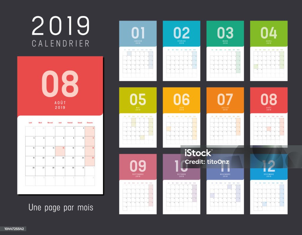 Year 2019 calendar in French Year 2019 colorful calendar, in French language - Vector template. Calendar stock vector