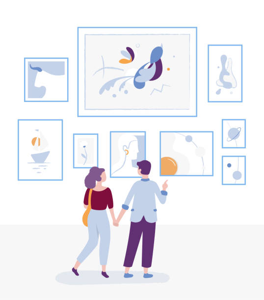 istock Young couple visiting art gallery and looking at paintings on a wall, museum art exhibition and man and woman - visitors are contemplating arts vector flat illustration with cartoon characters 1044725810