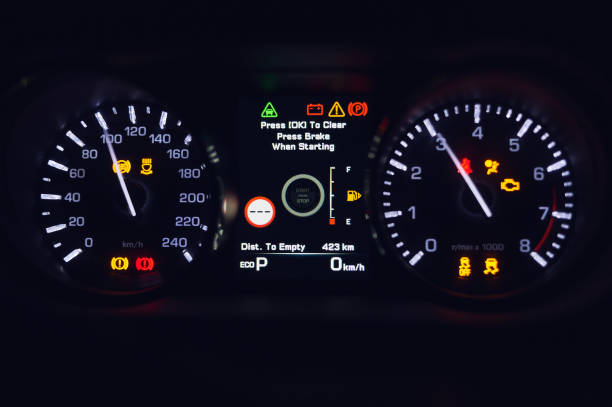istock Dashboard board of modern car at night close up 1044731596