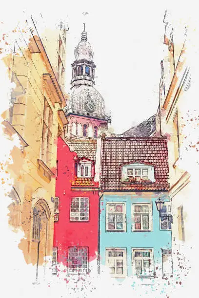 Photo of A watercolor sketch or an illustration of a beautiful view of the architecture of Riga.