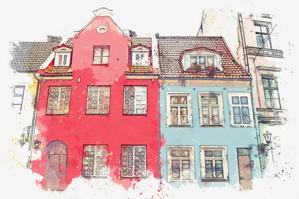 Photo of A watercolor sketch or an illustration of a beautiful view of the architecture of Riga.