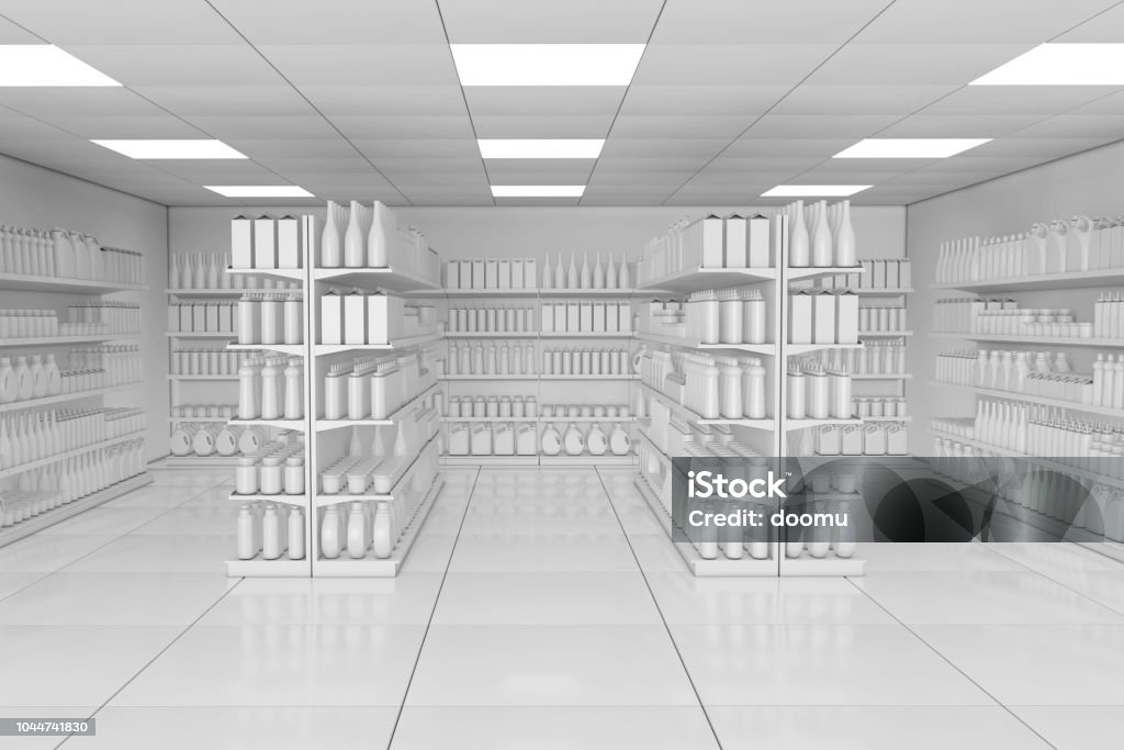 Market Shelving Rack with Blank Products or Goods in Clay Style as Supermarket Interior. 3d Rendering - Royalty-free Supermercado Foto de stock