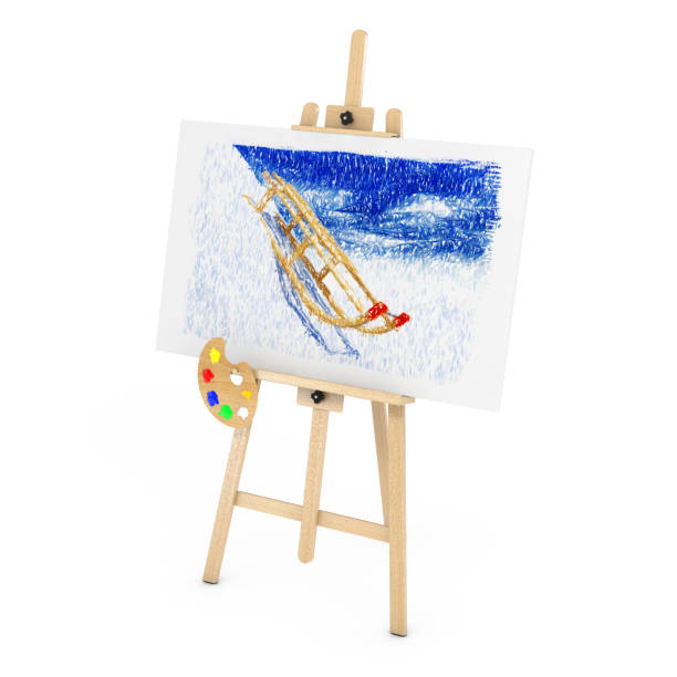 Wooden Artist Easel with Sledges Drawing on a white background. 3d Rendering