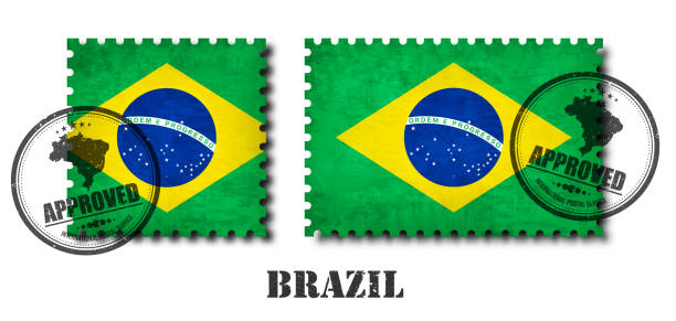 istock Brazil or brazilian flag pattern postage stamp with grunge old scratch texture and affix a seal on isolated background . Black color country name with abrasion . Square and rectangle shape . Vector 1044742784