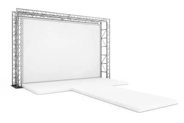 Photo of Blank Advertising Outdoor Banner on Metal Truss Construction System with Empty Podium. 3d Rendering