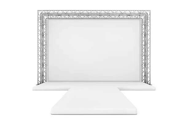 Photo of Blank Advertising Outdoor Banner on Metal Truss Construction System with Empty Podium. 3d Rendering