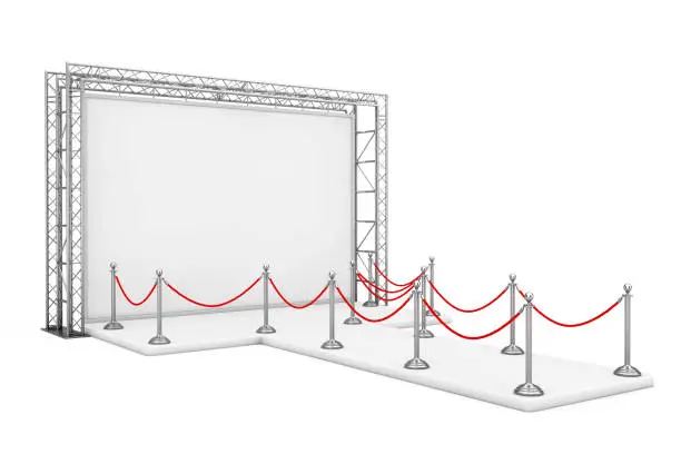 Photo of Barrier Rope Around Blank Advertising Outdoor Banner on Metal Truss Construction System with Empty Podium. 3d Rendering