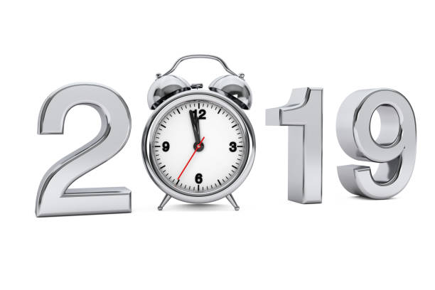 istock New Year 2019 concept. 2019 Steel Sign with Alarm Clock. 3d Rendering 1044743554
