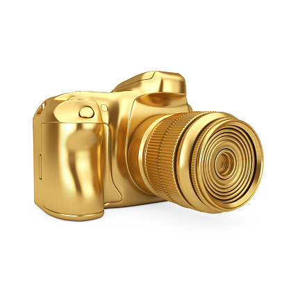 Photography Award Concept. Golden Award Digital Photo Camera on a white background. 3d Rendering.