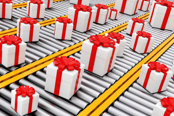 istock Many White Giftl Cardboard Boxes with Ribbon over Roller Conveyor Lines. 3d Rendering 1044743614