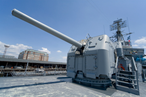 The main 76mm gun of HNLMS Friesland, a Holland-class offshore patrol vessel operated by the Royal Netherlands Navy. The warship was a special guest at Sail Amsterdam event in 2015.