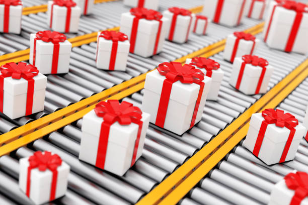 istock Many White Giftl Cardboard Boxes with Ribbon over Roller Conveyor Lines. 3d Rendering 1044743784
