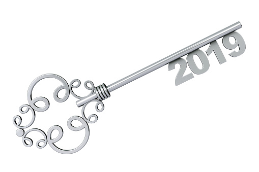 Silver Vintage Key with 2019 year Sign on a white background. 3d Rendering
