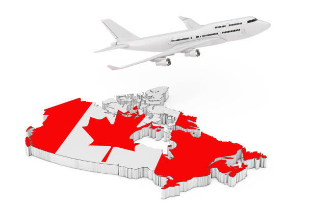 istock White Jet Passenger's Airplane Flying Over Canada Map with Flag. 3d Rendering 1044743962