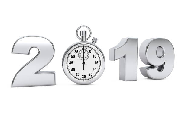 istock New year 2019 concept. 2019 steel sign with stopwatch. 3d Rendering 1044744014