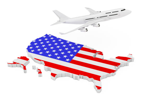 istock White Jet Passenger's Airplane Flying Over USA Map with Flag. 3d Rendering 1044744138