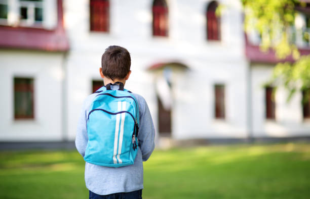 istock Boy with rucksack infront of a school building 1044748242
