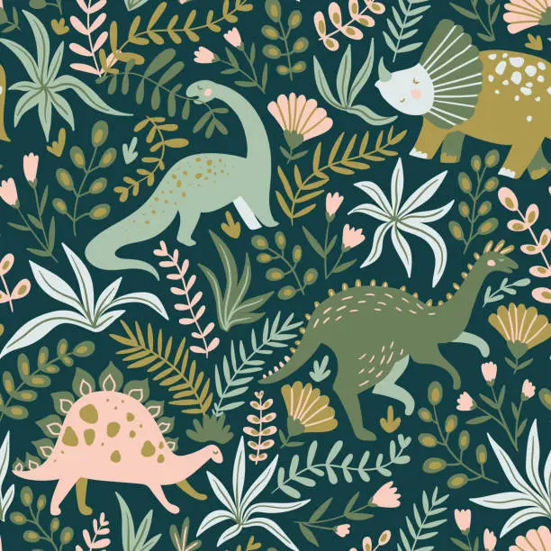 Vector illustration of Hand drawn seamless pattern with dinosaurs and tropical leaves and flowers. Perfect for kids fabric, textile, nursery wallpaper. Cute dino design. Vector illustration.