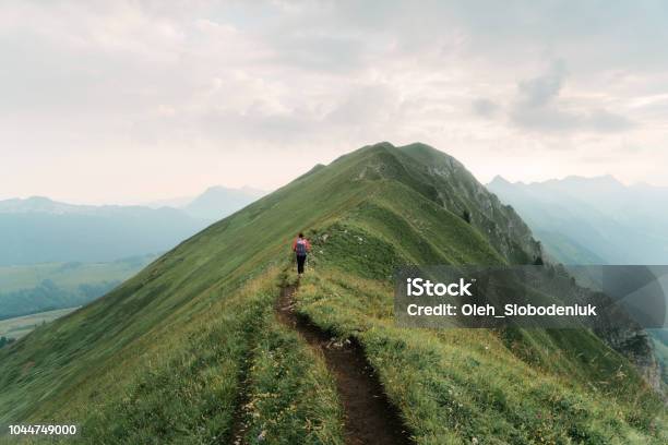 Woman Hiking On The Mountain Ridge In Swiss Alps Stock Photo - Download Image Now - Success, Meditating, Switzerland