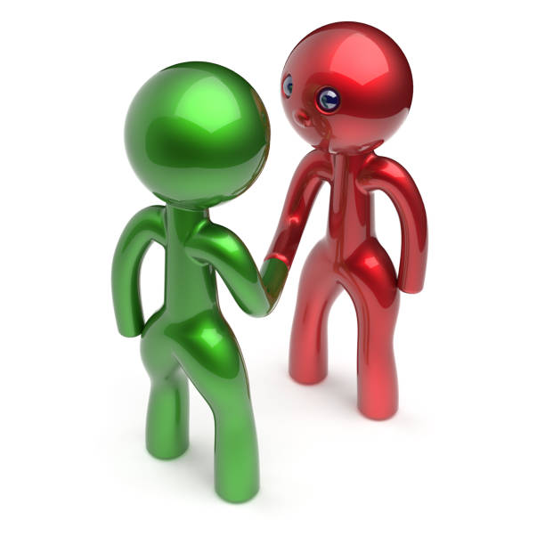 Two men handshake cartoon characters shaking hand business partners deal 2 different businessmen teamwork acquaintance agreement welcome meeting people icon concept red green. 3d render isolated