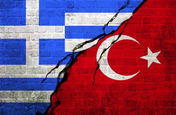 istock Greek and Tutkish flag, conflict concept 1044765248