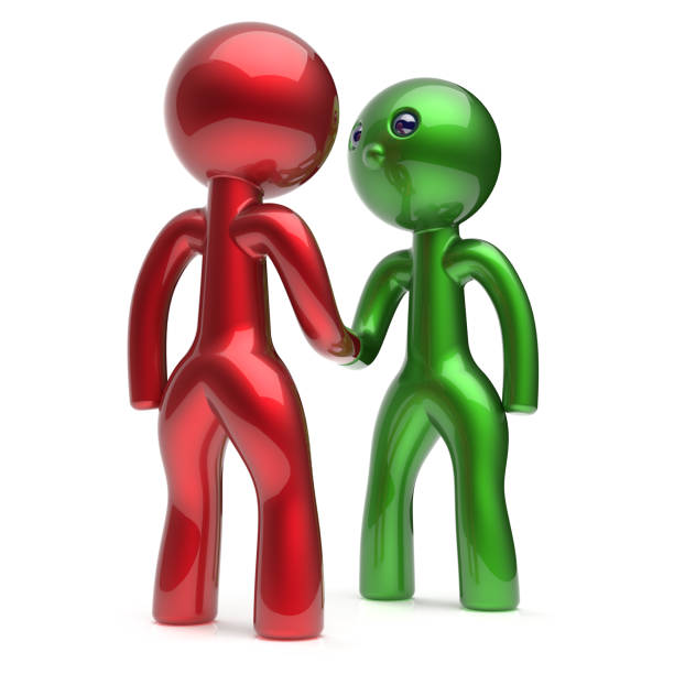 Handshake two men cartoon characters deal shaking hand business partners deal 2 different businessmen teamwork acquaintance agreement welcome meeting people icon red green. 3d render isolated